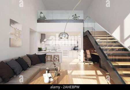 Soggiorno moderno in appartamento loft, 3D render Foto Stock