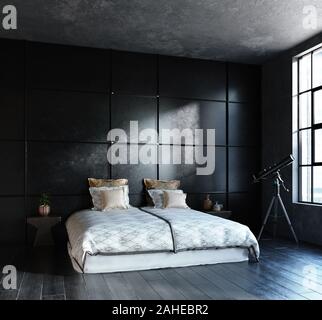 Nero camera da letto in soppalco, stile industriale, 3D render Foto Stock