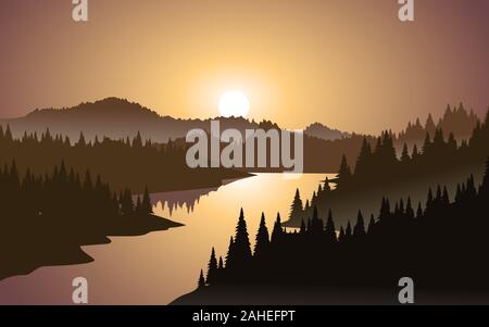 Tramonto nel fiume con pineta Illustrazione Vettoriale