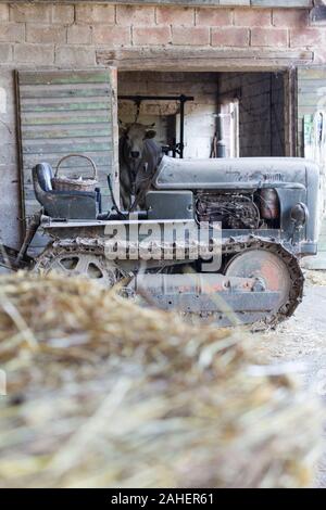 Vecchio trattore su una fattoria che dispone anche di un allevamento di bovini Foto Stock