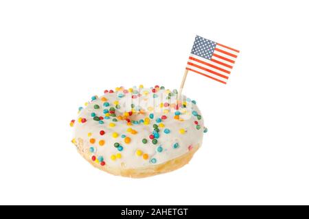 Vetrata dount colorati con la bandiera degli Stati Uniti d'America isolata su sfondo bianco. Foto Stock