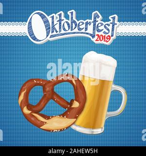 Oktoberfest 2019 lo sfondo con un pretzel e un bicchiere di birra Illustrazione Vettoriale