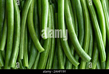 Fresco verde String Fagioli baccelli, Vista Top Shot Foto Stock