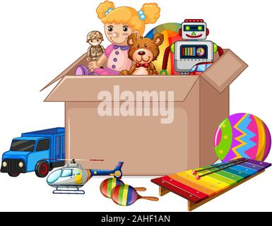 Scatola di cartone piena di giocattoli su sfondo bianco illustrazione Illustrazione Vettoriale