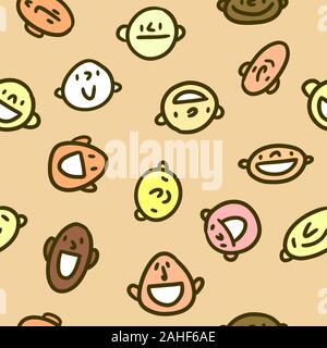 Modello con il popolo sorridente teste. Smile capi, gli Emoji seamless pattern. Allegro seamless pattern con colore facce buffe Illustrazione Vettoriale