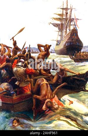 ABEL TASMAN (1603-1659) olandese di gente di mare è attaccato da Maori come egli entra nel massacro Bay (oggi Golden Bay) nel 1642 sull'Isola del nord della Nuova Zelanda. Foto Stock