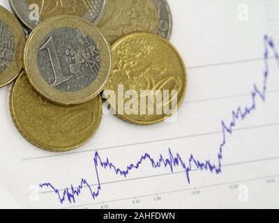 Monete metalliche in euro giacente su un grafico, la nozione di mercato azionario europeo trading Foto Stock