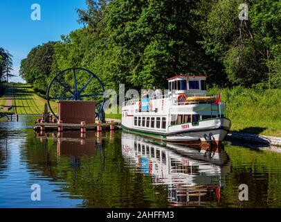 Tourist Boatapproaching piano inclinato in Buczyniec, Elblag Canal, Warmian-Masurian voivodato, Polonia Foto Stock