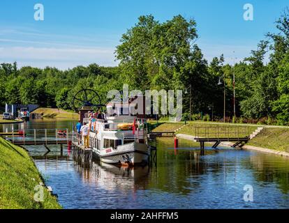 Tourist Boatapproaching piano inclinato in Buczyniec, Elblag Canal, Warmian-Masurian voivodato, Polonia Foto Stock