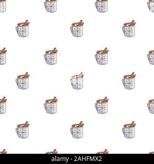Illustrazione di cibo vettoriale in colori cioccolato e blu. Disegno senza cuciture a mano con bevande popolari isolate su bianco. Tessuto natalizio positivo Illustrazione Vettoriale