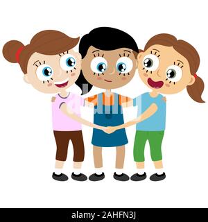 EPS10 file vettoriali che mostra felice giovani ragazze con diversi colori di pelle, ridere, abbracciarsi e divertirsi insieme Illustrazione Vettoriale