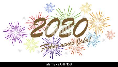 Multi colore concetto di fuochi d'artificio per il Nuovo Anno 2020 saluti (testo in tedesco) con sfondo bianco Illustrazione Vettoriale