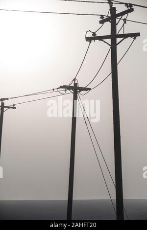Utilità elettrica poli backdropped da un freddo, grigio cielo invernale Foto Stock