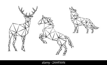 Moda contorni geometrici di animale forte cervi, cavalli e Wolf su bianco. Il minimalismo nello stile della trigonometria. Illustrazione Vettoriale