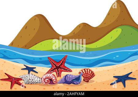 Scenario sullo sfondo di conchiglie e stelle marine sulla spiaggia illustrazione Illustrazione Vettoriale