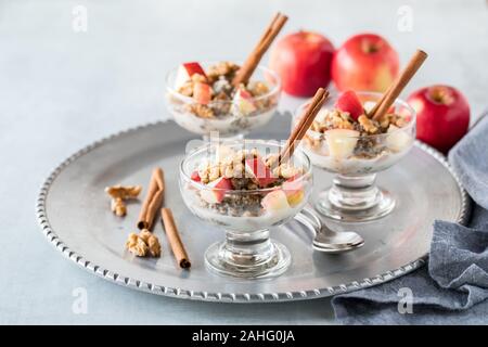 Una chiusura dei piatti in vetro riempita con acciaio tagliati di avena, chia semi e sementi di canapa e rabboccato con un trito di mele, noci e cannella e guarnito con c Foto Stock