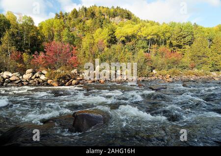 Paesaggio autunnale paesaggio che mostra natura coloratissima scena con river, acqua, cielo, nuvole. Foto Stock