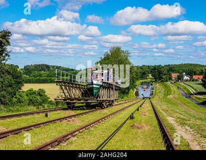 Imbarcazione turistica in base a piano inclinato in Katy, Elblag Canal, Warmian-Masurian voivodato, Polonia Foto Stock