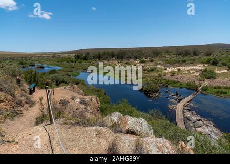 Swellendam, Western Cape, Sud Africa. Dicembre 2019. Il fiume Breede visto dalla collina di Aloe, Bontebok sulla Garden Route. Foto Stock