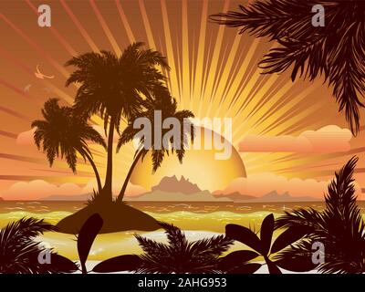 Un'isola tropicale con palme al tramonto sullo sfondo. Illustrazione Vettoriale