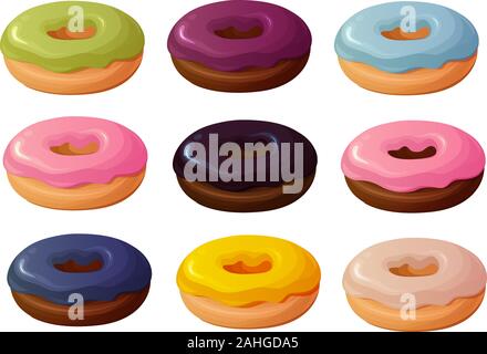 Illustrazione Vettoriale di vari trendy hipster ciambelle con la glassa colorata e condimenti isolati su sfondo bianco Illustrazione Vettoriale