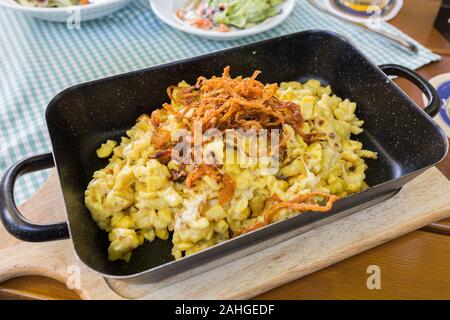 Primo piano della tradizionale Käsespätzle sveva (tagliatelle di formaggio) - un piatto popolare nella Germania meridionale. Gli ingredienti principali sono uova, latte, farina e formaggio Foto Stock