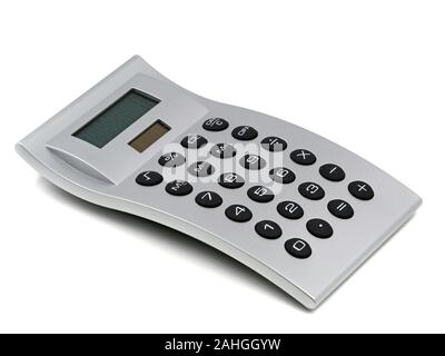 Calcolatore d'argento con tasti neri isolati su sfondo bianco Foto Stock