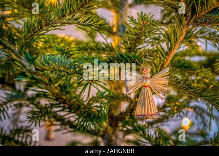 Angelo di paglia, appeso in un ramo verde di un albero di natale, Danimarca, Dicembre 30, 2019 Foto Stock
