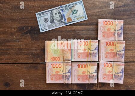 100 dollari con peso argentino bollette, simbolico per denaro tasso di cambio Foto Stock