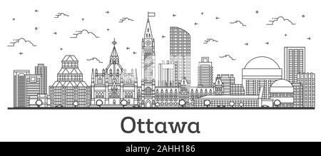 Delineare Ottawa in Canada dello skyline della città con moderni edifici isolati su bianco. Illustrazione Vettoriale. Paesaggio urbano di Ottawa con punti di riferimento. Illustrazione Vettoriale