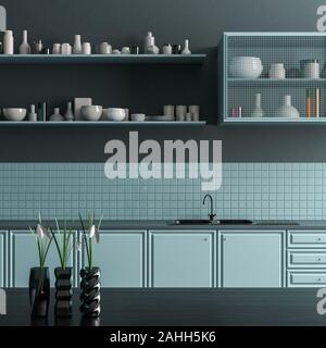 Moderna e spaziosa cucina design. Cucina minimalista di design. 3D illustrazione Foto Stock