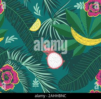 Varie foglie tropicali e frutti, estate a tema design pattern. Illustrazione Vettoriale