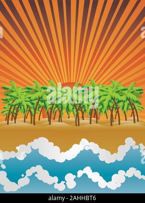 Cartoon isola tropicale con palme e onde sul tramonto. Illustrazione Vettoriale