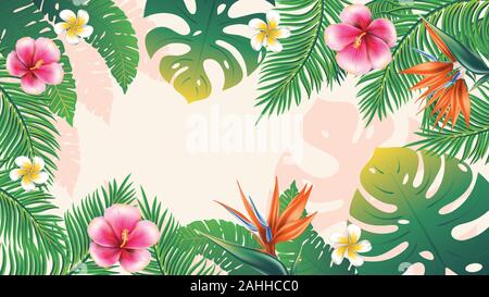 Banner floreali con foglie tropicali e fiori esotici design. Illustrazione Vettoriale