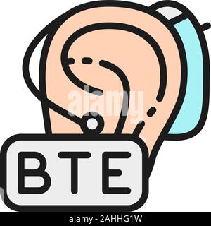 Dietro l'orecchio Hearing Aid, BTE piatta linea colore icona. Illustrazione Vettoriale