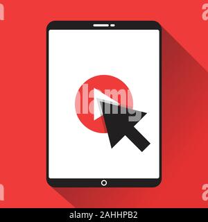 Fare clic su video qui il vettore miniatura per aprire i tutorial video di studio e di apprendimento dello sfondo. Video conferenze e webinar icona, internet e video Illustrazione Vettoriale