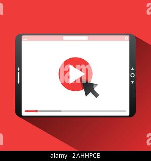 Fare clic su riproduci il video qui miniatura del vettore per l'apertura di uno sfondo video. Video conferenze e webinar icona, internet e servizi video. Vector illust Illustrazione Vettoriale