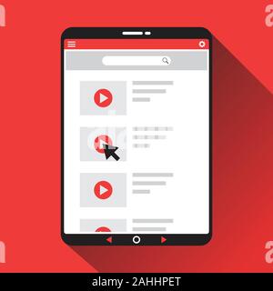 Fare clic su tendenza del video per visualizzare le miniature del video per aprire lo sfondo del video. Icona di videoconferenza e webinar, servizi Internet e video. Illustrazione Vettoriale