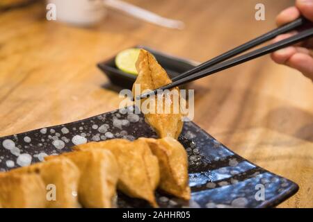 Close up chopstick tenendo un pezzo di Gyoza o gnocco dal combo piastra set Foto Stock