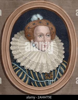 Elisabetta I d'Inghilterra (Greenwich, 1533-Richmond, 1603). Regina di Inghilterra e Irlanda (1558-1603). Ella ha ripristinato Anglicanesimo e ordinò la decapitazione di Maria Stuart. Elizabeth I relativi a stati protestanti e combatté contro la Spagna. Ella è stata l'ultima regina della casa di Tudor. Incisione. Colorazione successiva. Foto Stock