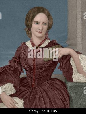 Charlotte Brontë (Thornton, nello Yorkshire, Inghilterra, 1816-Haworth, nello Yorkshire, 1855). Romanziere inglese notato per Jane Eyre, 1847. Incisione. Colorazione successiva. Foto Stock