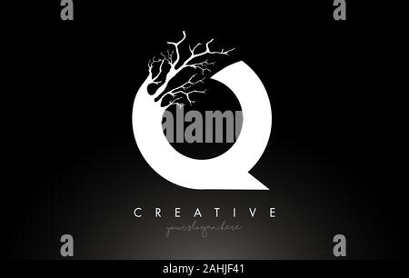 Lettera Q Logo Design Creative con ramo di albero. Lettera Q Tree Logo icona illustrazione vettoriale. Illustrazione Vettoriale