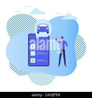 Illustrazione Vettoriale con persone di ordinare il servizio taxi nell'applicazione sul telefono su sfondo bianco. Mobile City il trasporto. Rent a car. Bus in cabina Illustrazione Vettoriale