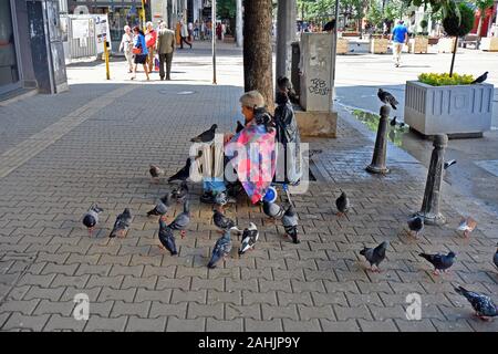 Sofia, Bulgaria - 16 Giugno 2018: Unidentified vecchia donna su un marciapiede in mezzo la folla di colombe per la loro alimentazione Foto Stock