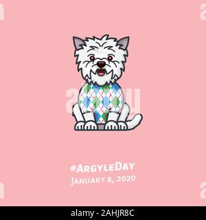 West Highland White Terrier con Argyle pattern su un maglione Illustrazione a colori per #ArgyleDay su 8 Gennaio. Vettore di cartoni animati simbolo della tradizione scozzese Illustrazione Vettoriale