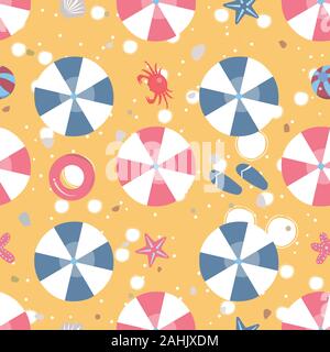 Spiaggia Seamless Pattern con ombrelloni, granchio, anello di gomma, ecc. Illustrazione Vettoriale Illustrazione Vettoriale
