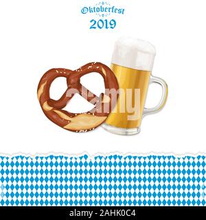 Oktoberfest 2019 lo sfondo con un pretzel e un bicchiere di birra Illustrazione Vettoriale