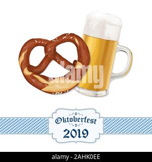 Oktoberfest 2019 lo sfondo con un pretzel e un bicchiere di birra Illustrazione Vettoriale