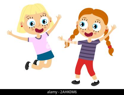 EPS10 file vettoriali che mostrano felici i bambini con diversi colori di pelle, ragazze ridendo, salto, giocare e divertirsi insieme Illustrazione Vettoriale