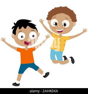 EPS10 file vettoriali che mostrano felici i bambini con diversi colori di pelle, ragazzi di ridere, salto, giocare e divertirsi insieme Illustrazione Vettoriale